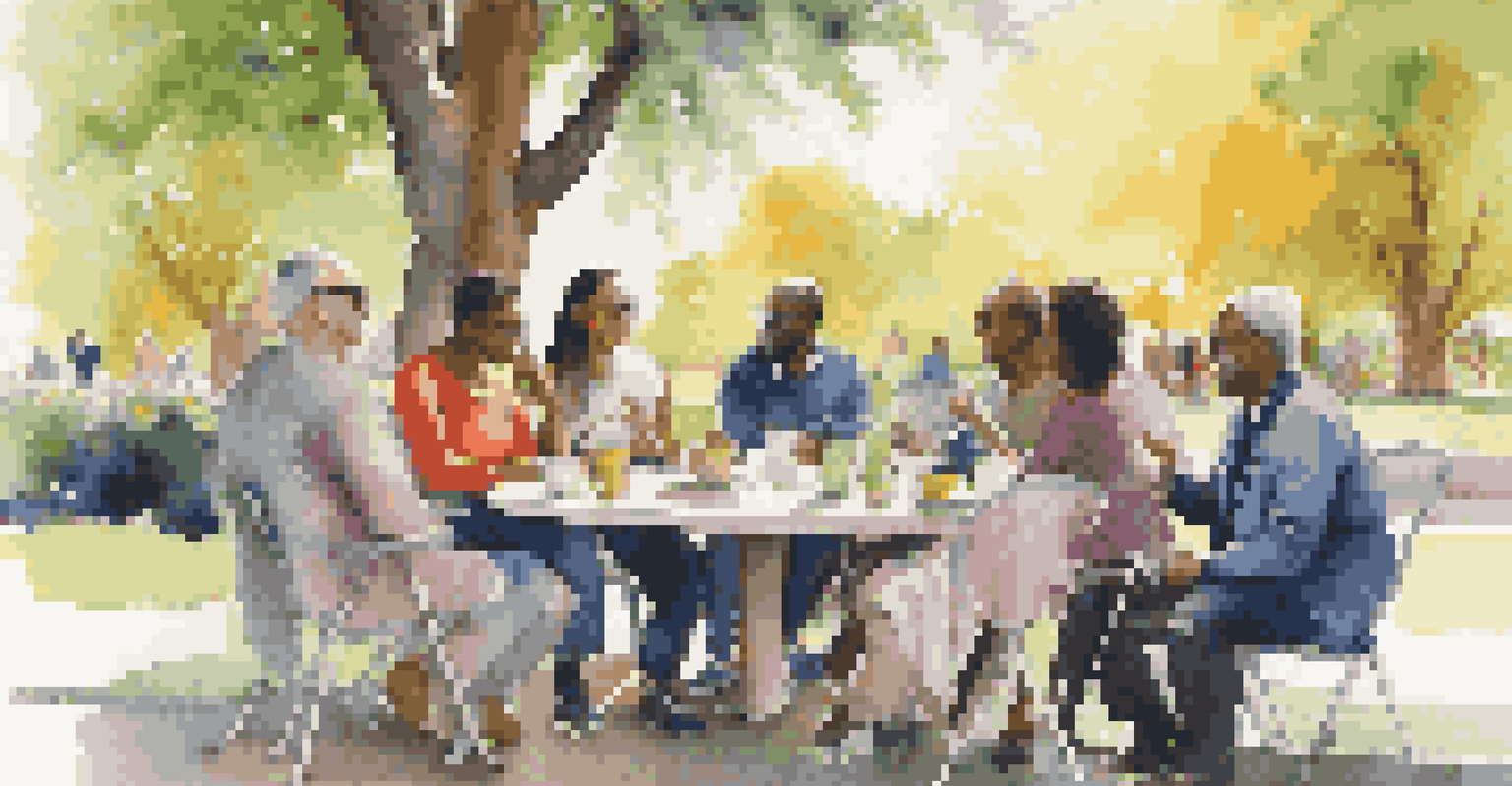 A diverse group of people discussing investment strategies at a table in a sunny park.