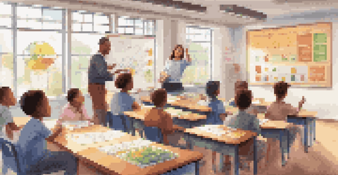 A teacher interacting with a diverse group of students in a classroom focused on financial education, with charts and graphs displayed on a smart board.