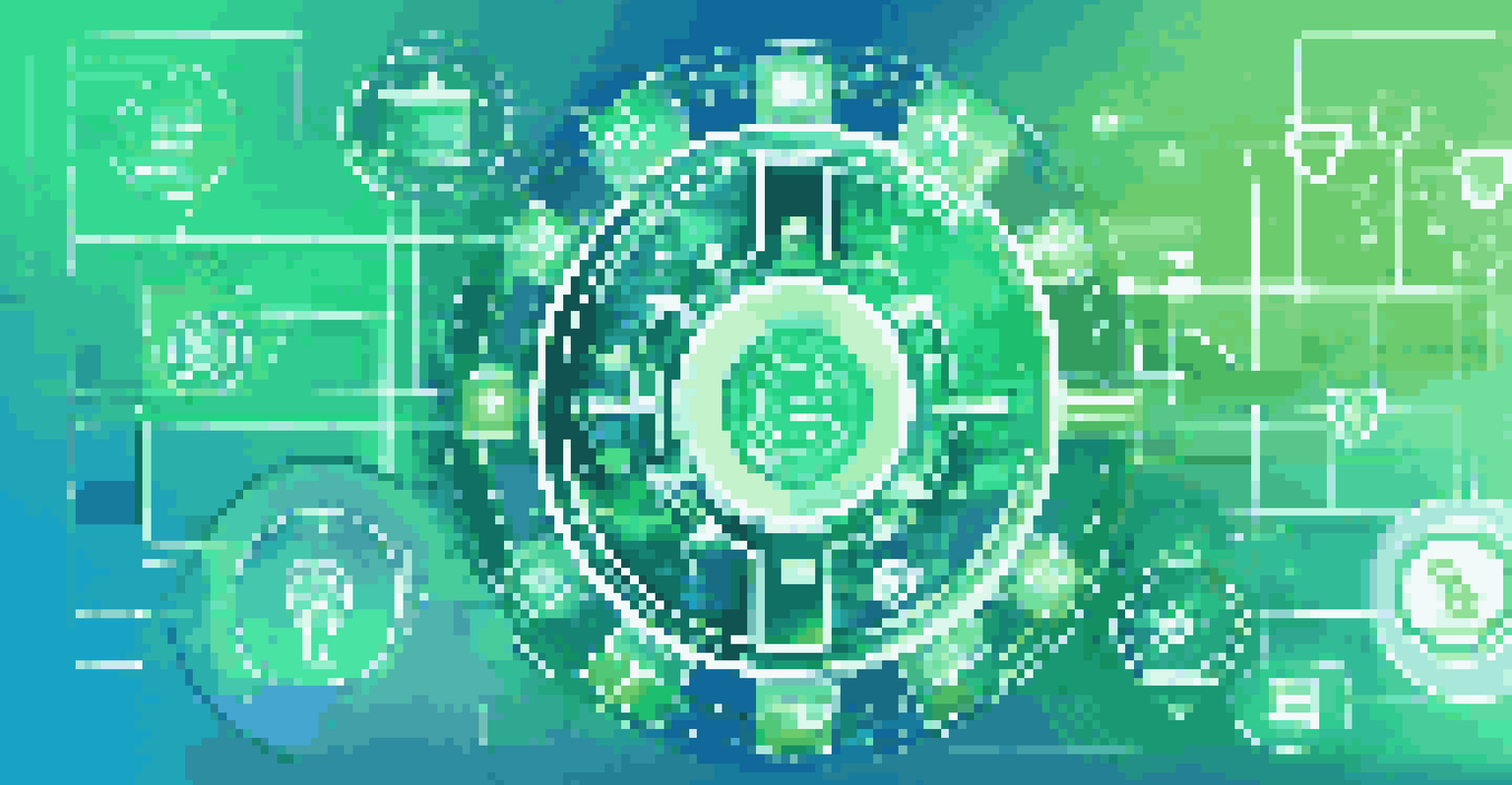 An abstract digital representation of technology in compliance management with interconnected icons on a gradient background.