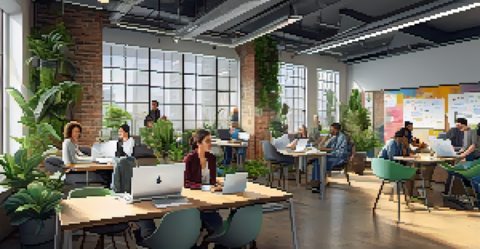 A diverse group of people working together in a bright and modern startup office environment, with laptops and whiteboards.