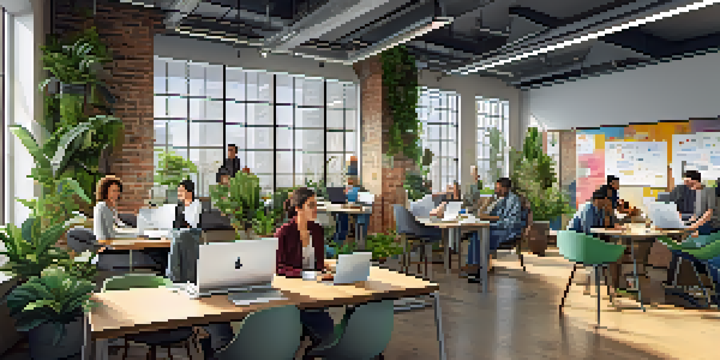 A diverse group of people working together in a bright and modern startup office environment, with laptops and whiteboards.