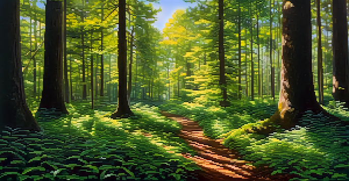 A peaceful forest with various colorful trees representing different asset classes, illuminated by soft sunlight.