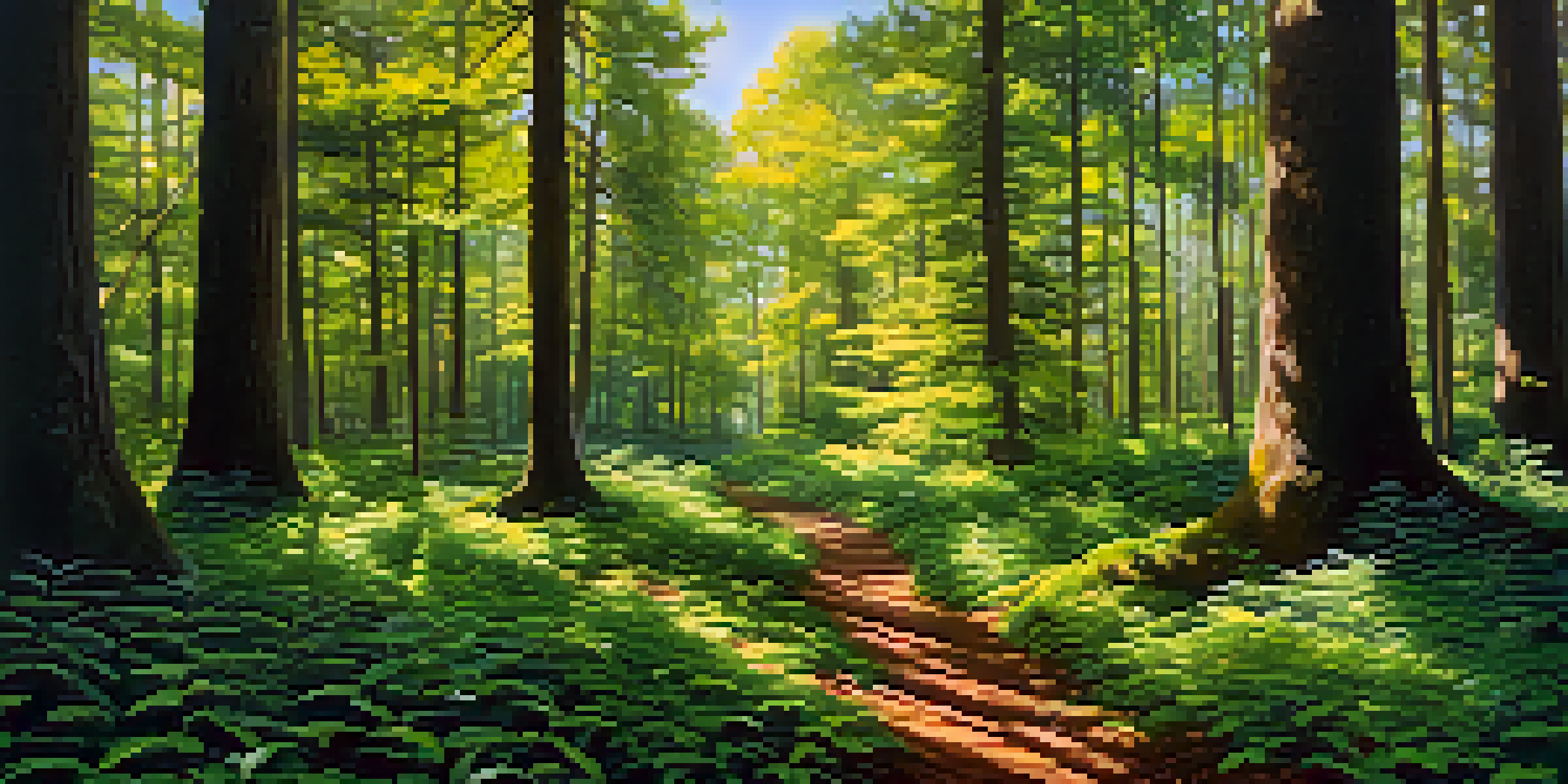 A peaceful forest with various colorful trees representing different asset classes, illuminated by soft sunlight.