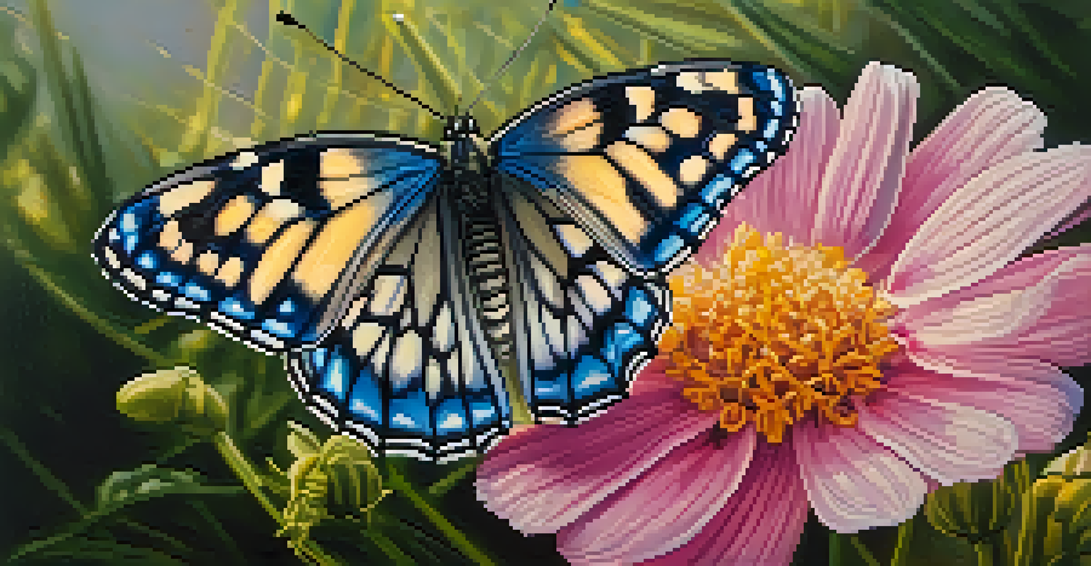 A close-up of a colorful butterfly on a pink flower with dew drops.
