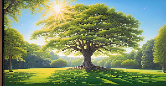 A flourishing tree in a green meadow under a blue sky, symbolizing long-term investment growth, with sunlight filtering through the leaves.
