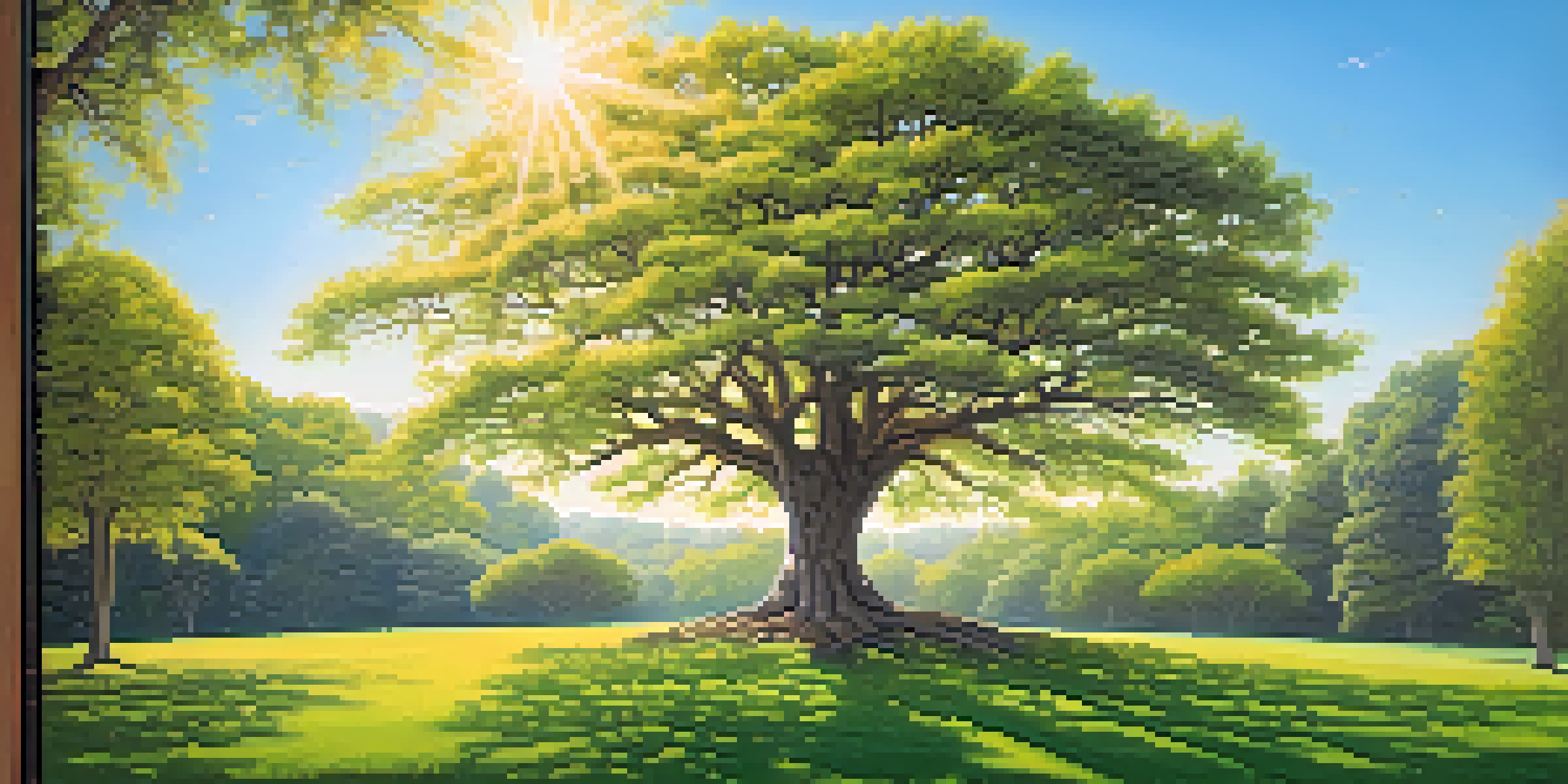 A flourishing tree in a green meadow under a blue sky, symbolizing long-term investment growth, with sunlight filtering through the leaves.