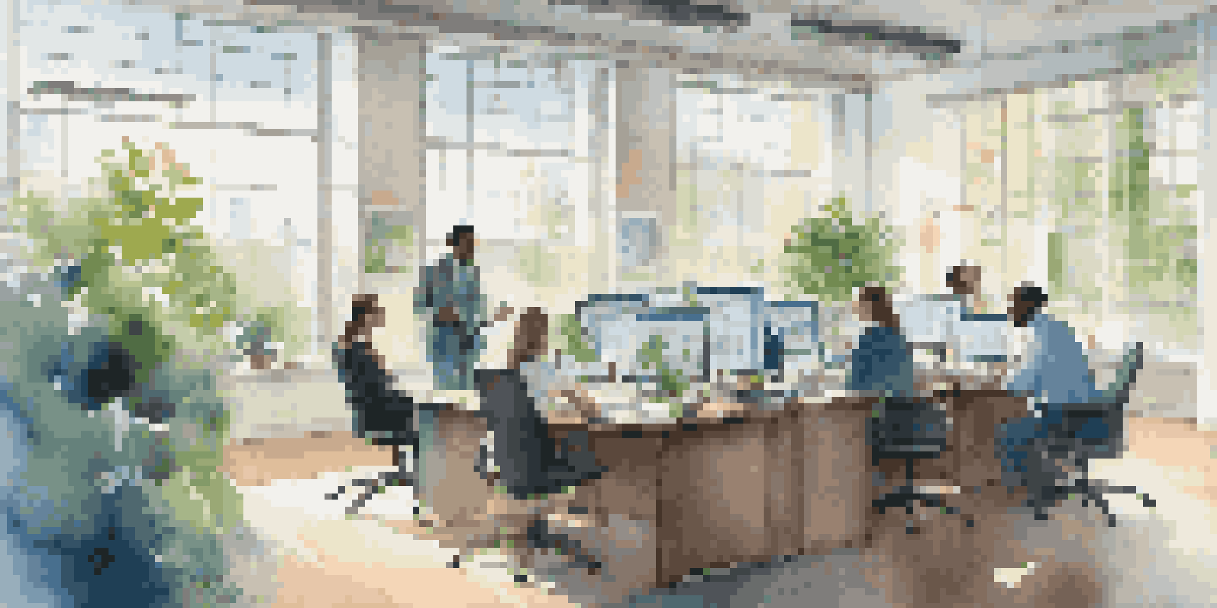 A diverse group of professionals in a bright office discussing financial charts, surrounded by plants and modern technology.