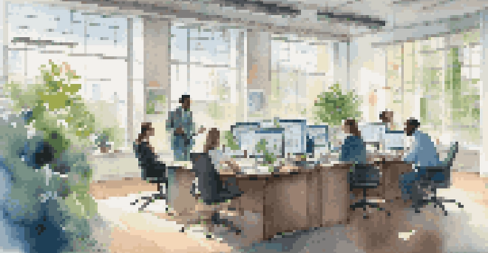 A diverse group of professionals in a bright office discussing financial charts, surrounded by plants and modern technology.