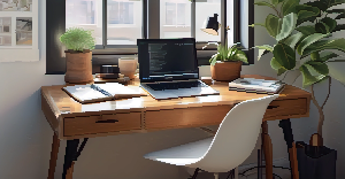 A calming workspace with a laptop, notepad, coffee cup, and a plant, illuminated by natural light.