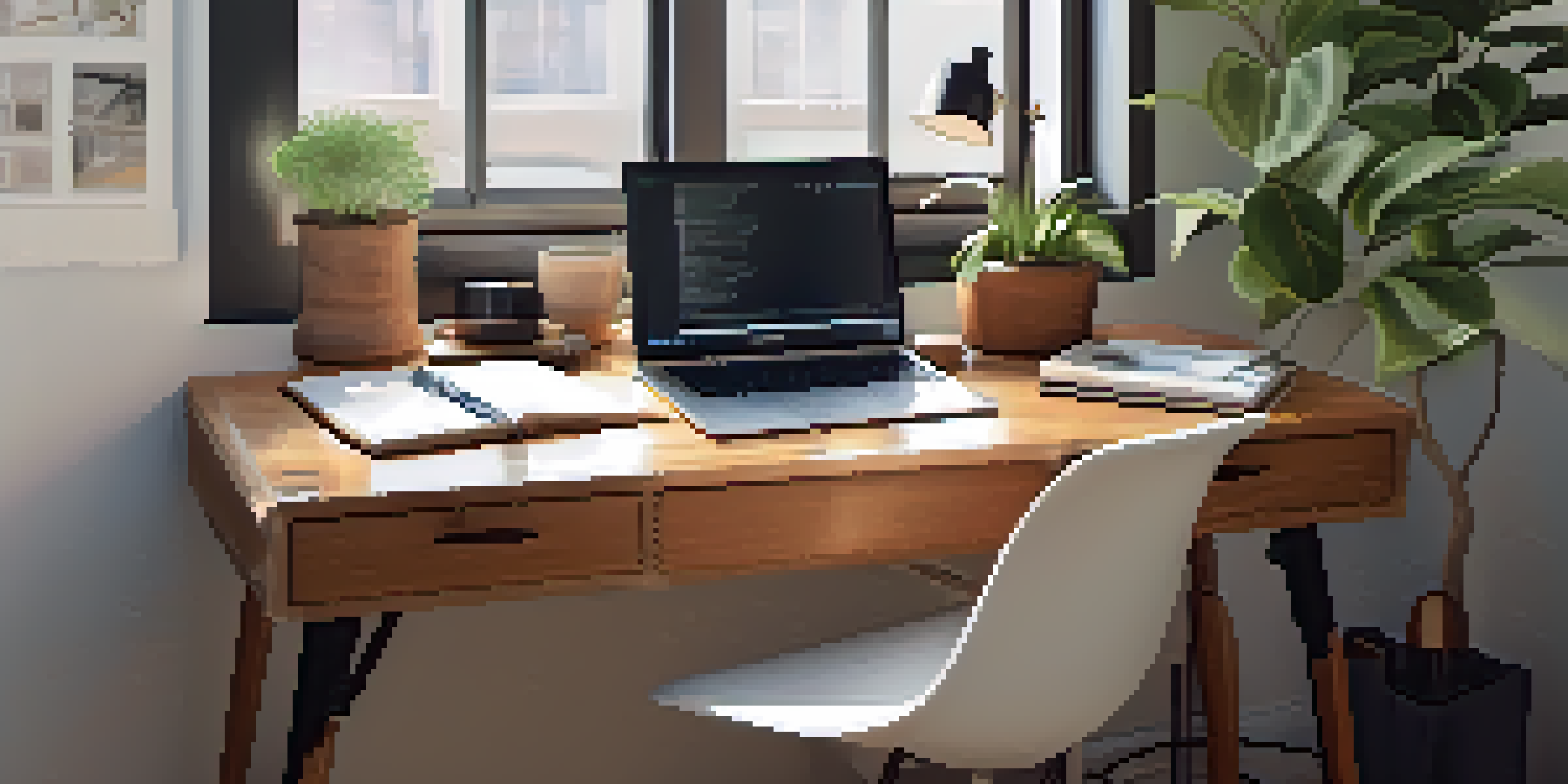A calming workspace with a laptop, notepad, coffee cup, and a plant, illuminated by natural light.