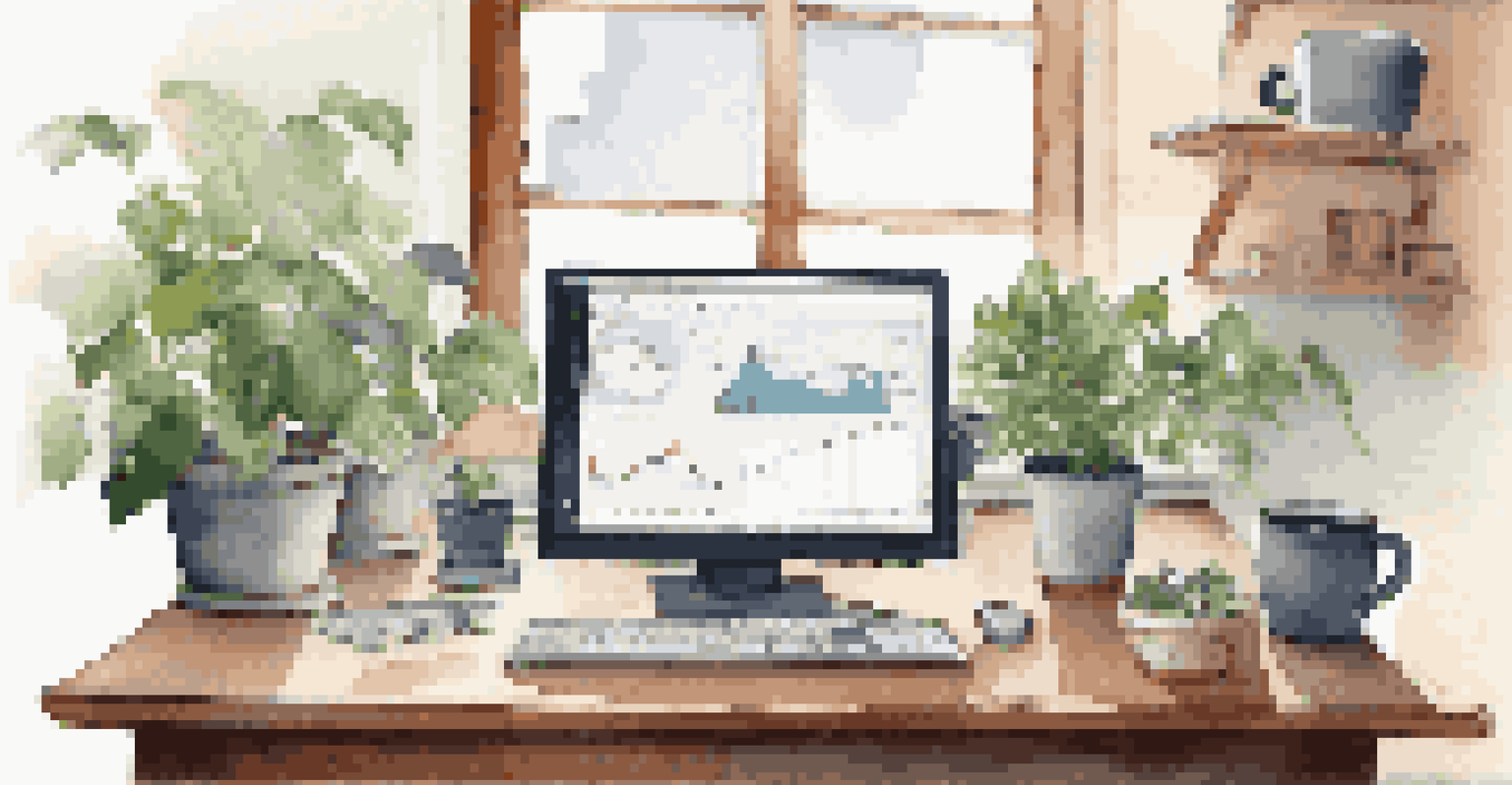 A workspace with a laptop showing trading charts, a notepad of strategies, a cup of coffee, and a potted plant in natural light.