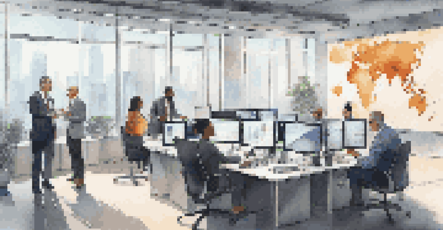 A diverse group of investors discussing in a modern office with digital screens showing economic data.