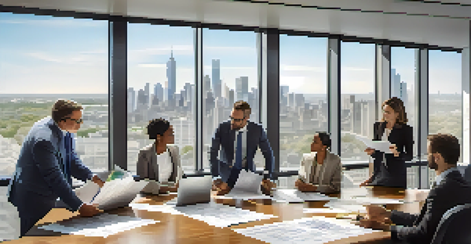 A diverse team of real estate professionals discussing project plans around a conference table with a city view.