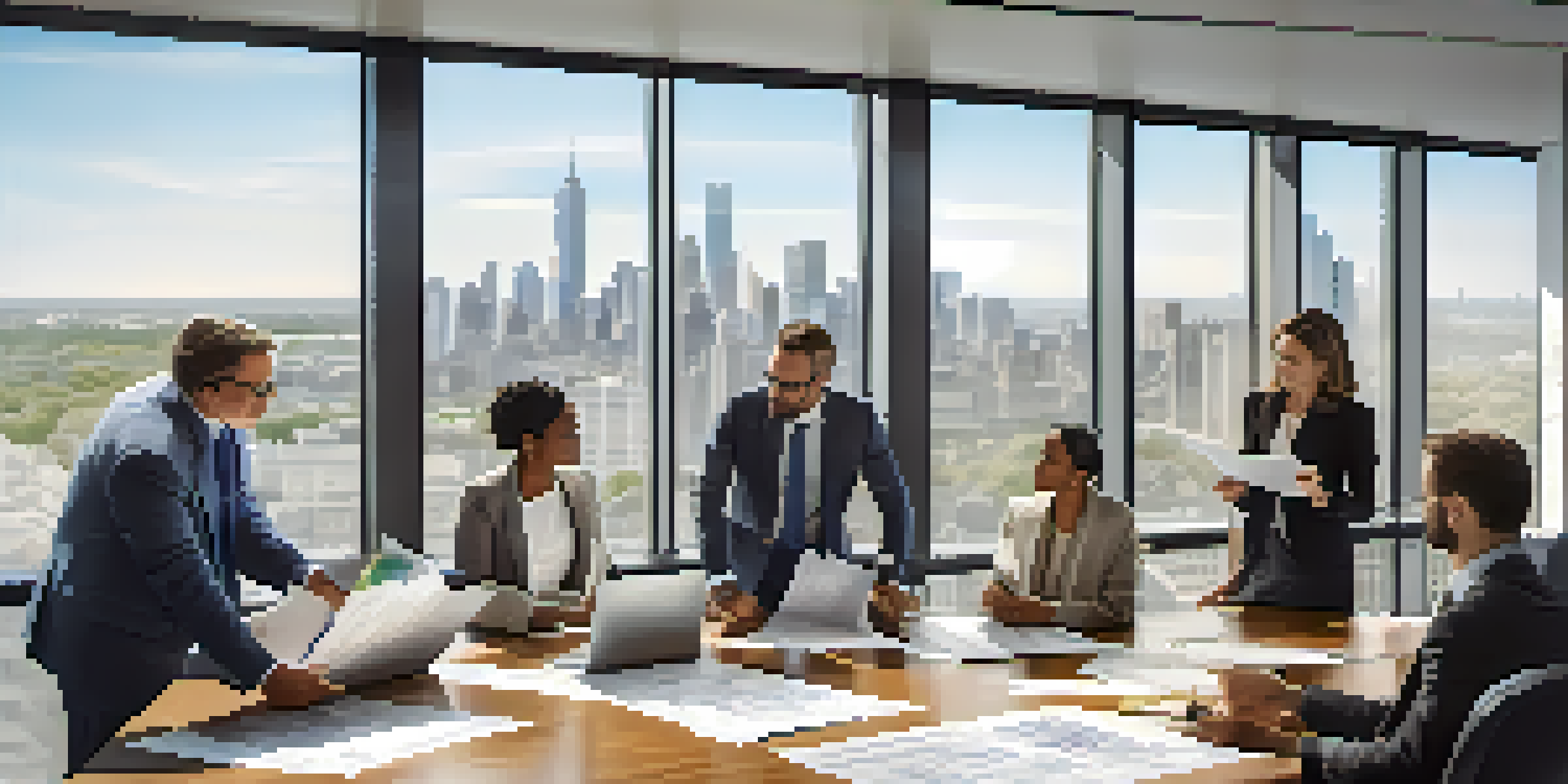 A diverse team of real estate professionals discussing project plans around a conference table with a city view.