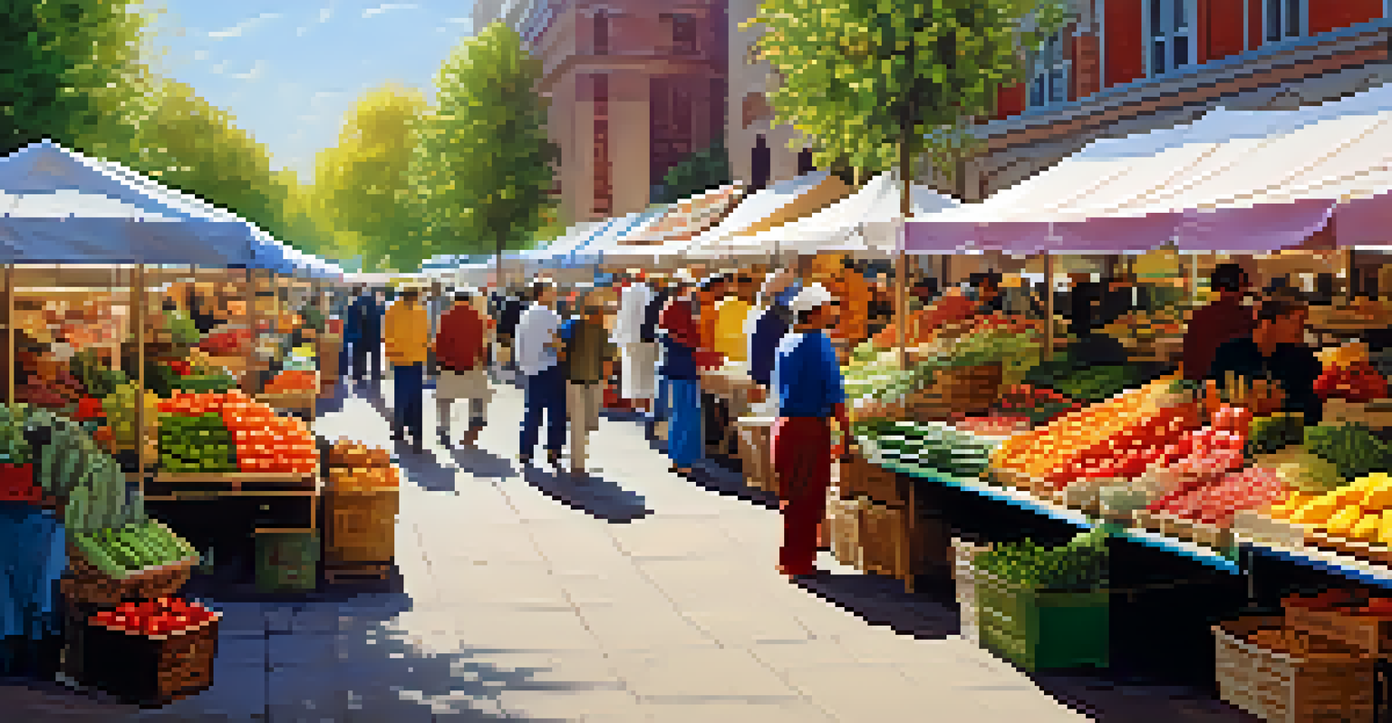 A vibrant outdoor market with vendors and shoppers during a busy season.