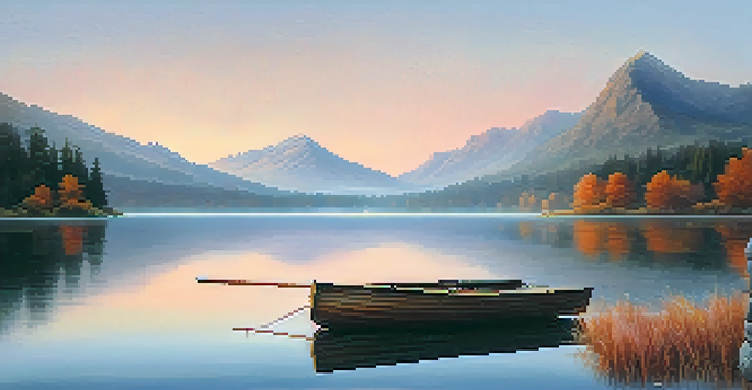A peaceful lake at sunrise, surrounded by mountains, with a wooden dock and a rowboat.