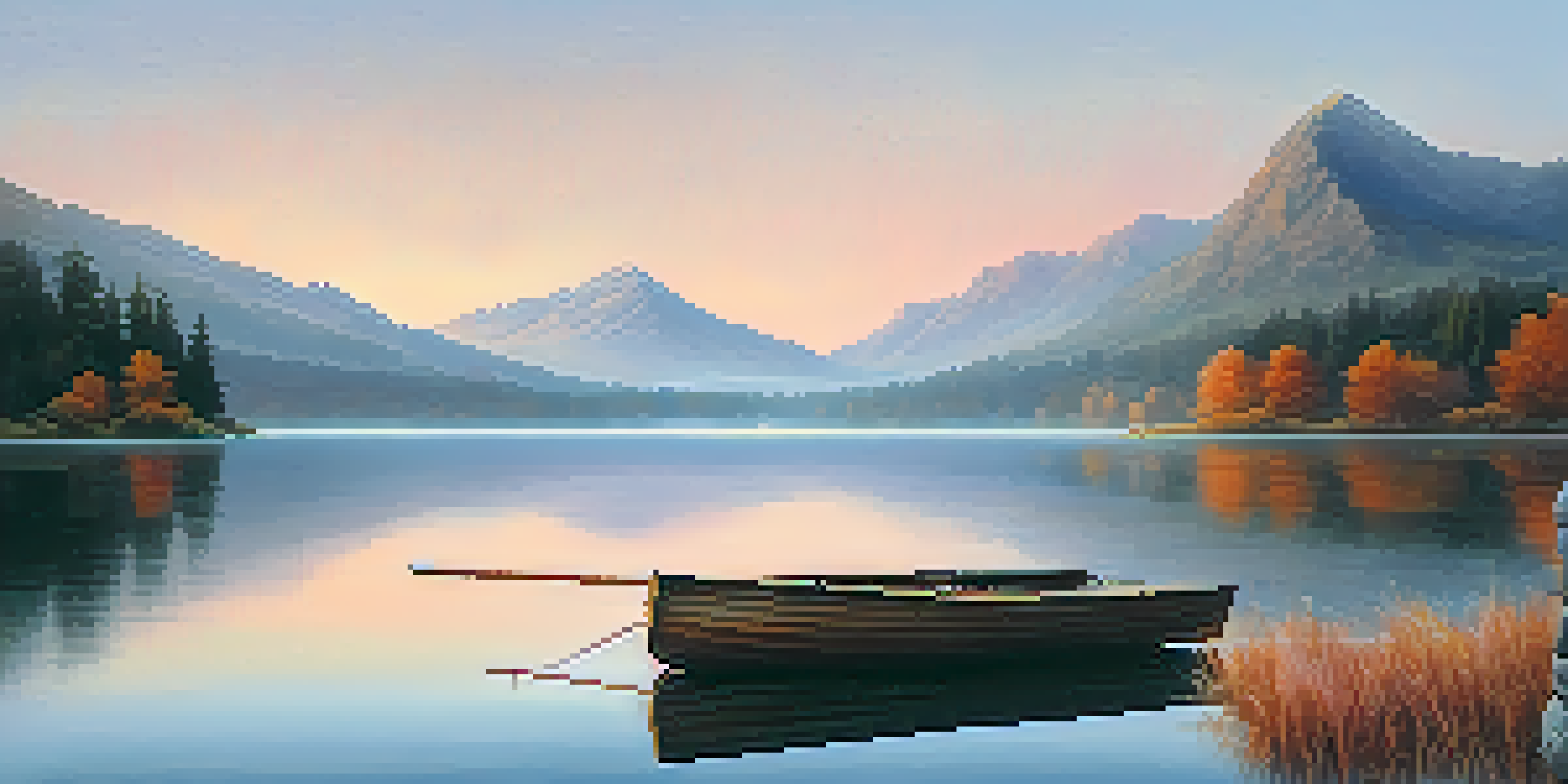 A peaceful lake at sunrise, surrounded by mountains, with a wooden dock and a rowboat.