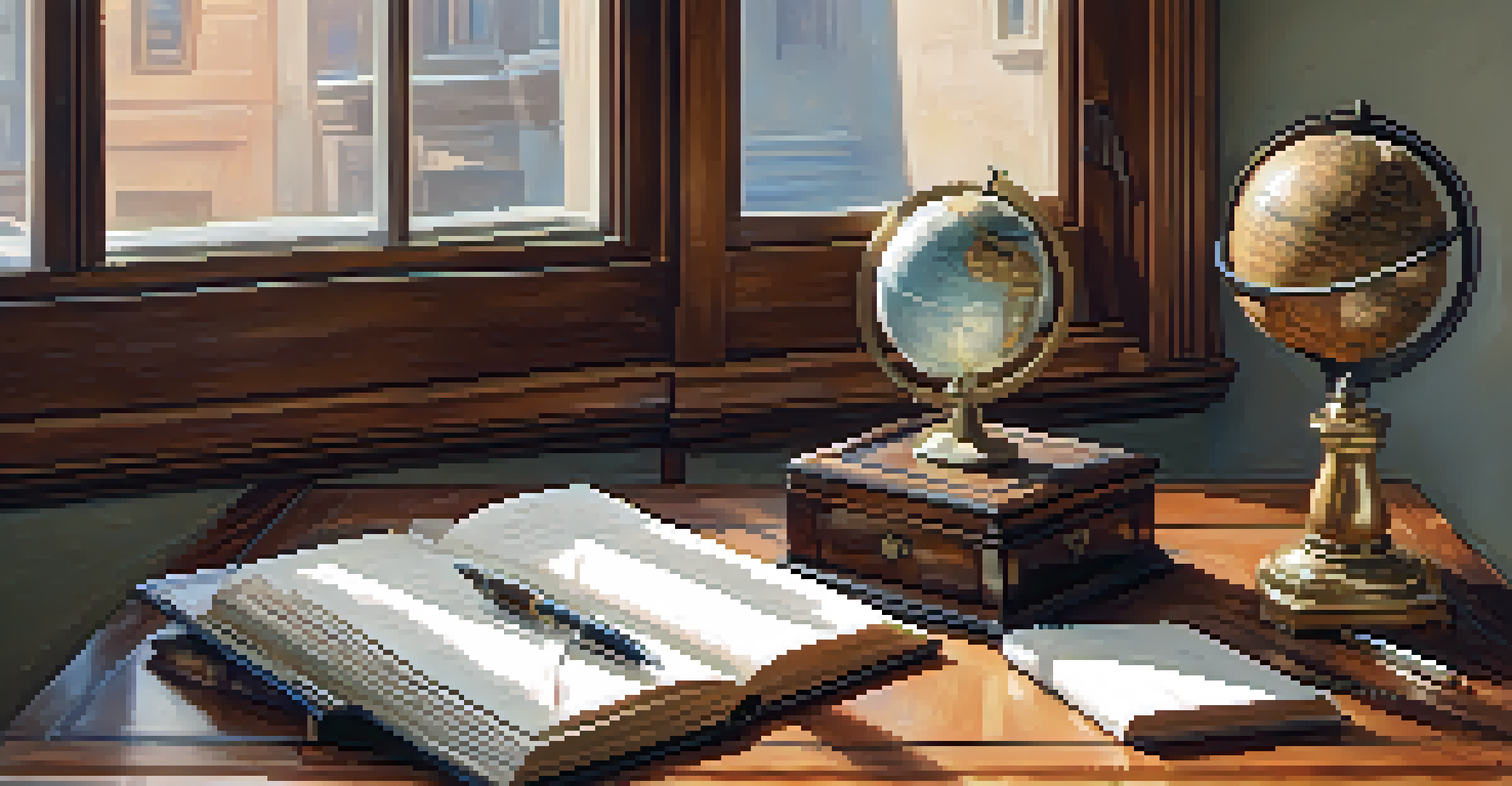 An antique globe, open journal, and fountain pen on a vintage wooden desk with natural light.