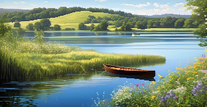 A peaceful lake scene with a wooden rowboat and vibrant wildflowers along the shore.