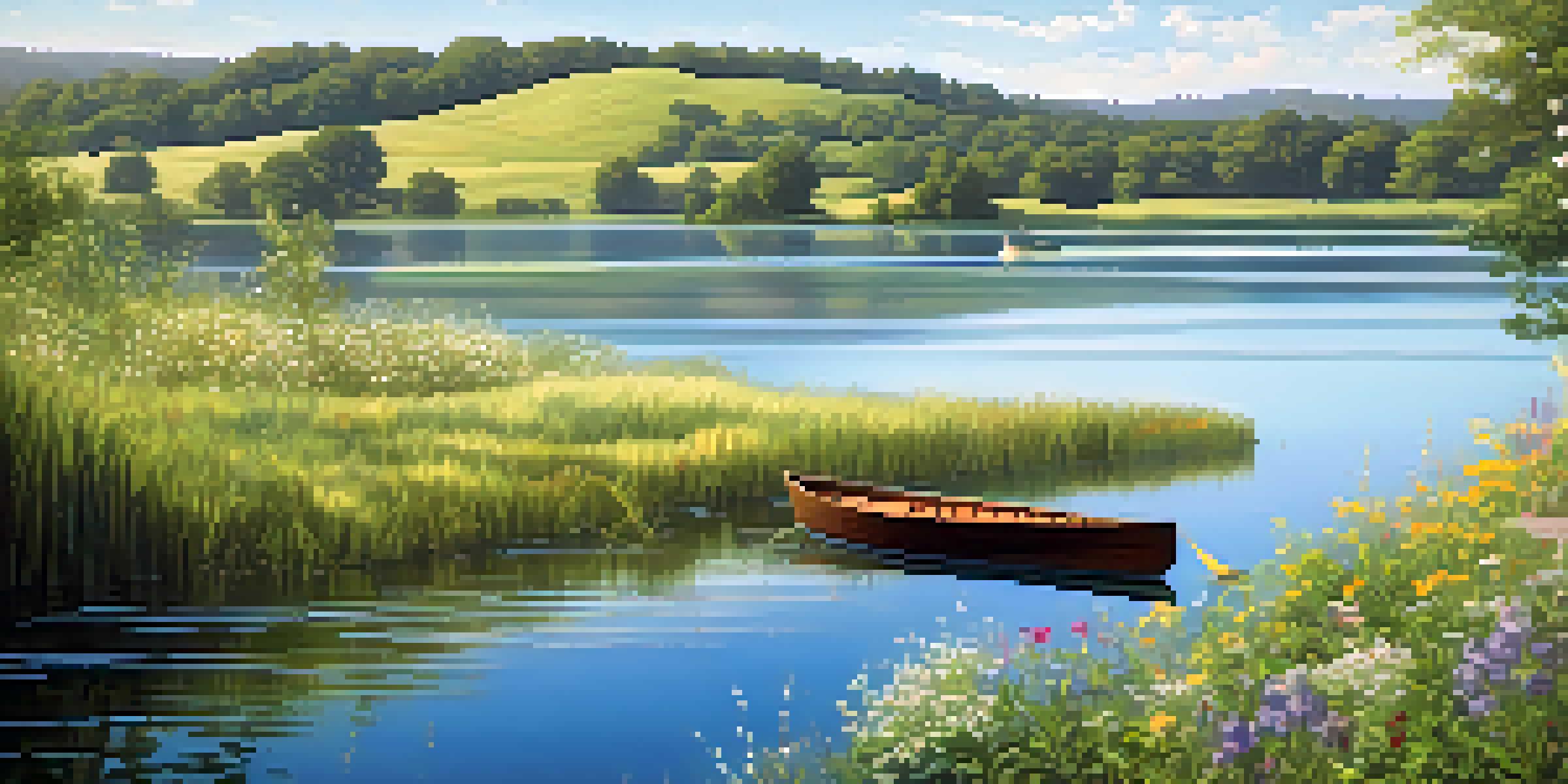 A peaceful lake scene with a wooden rowboat and vibrant wildflowers along the shore.