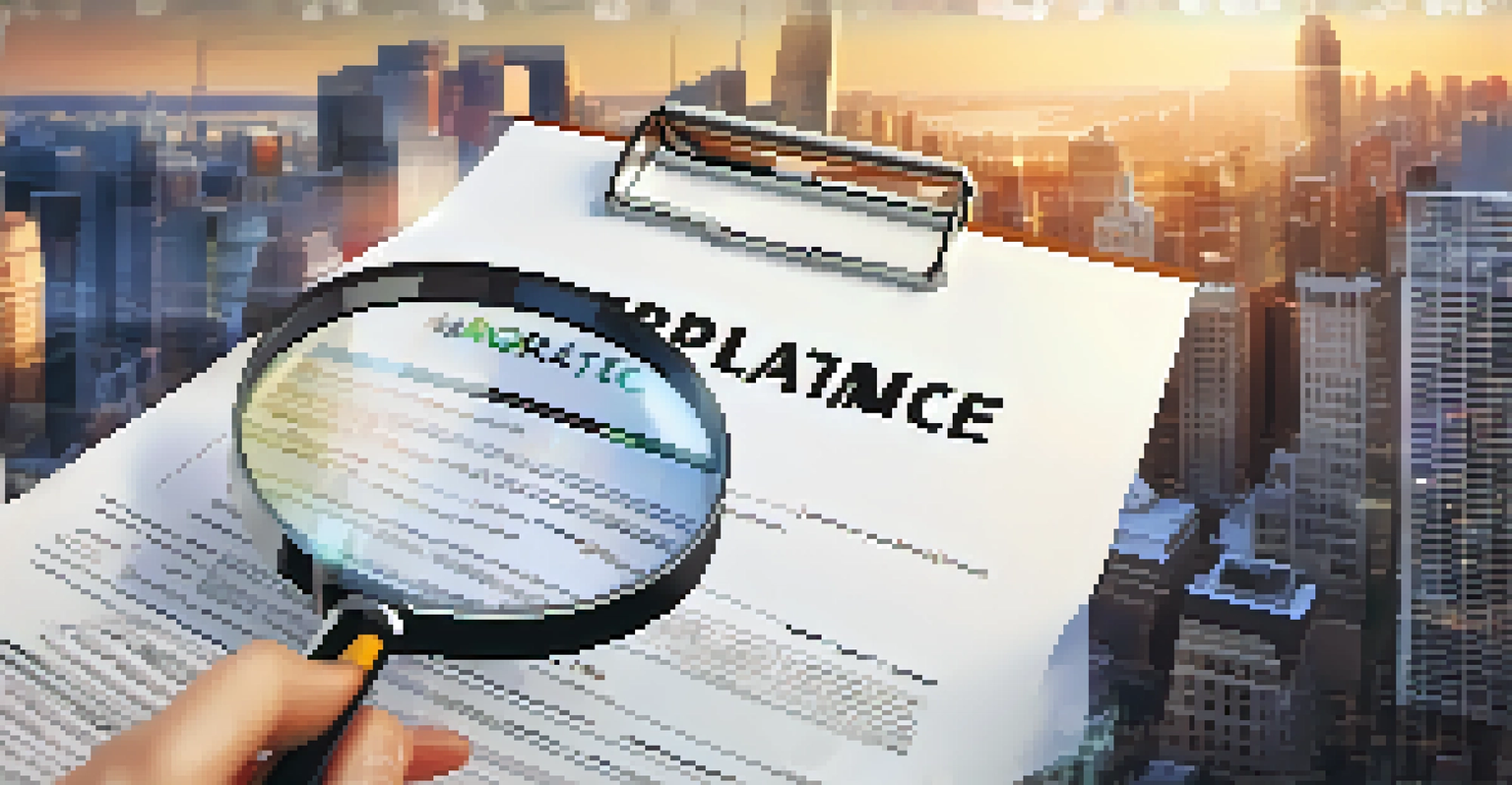 A hand holding a magnifying glass over a document with compliance regulations.