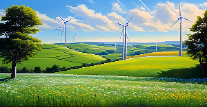 A green field with solar panels and a wind turbine under a blue sky, symbolizing sustainability and renewable energy.