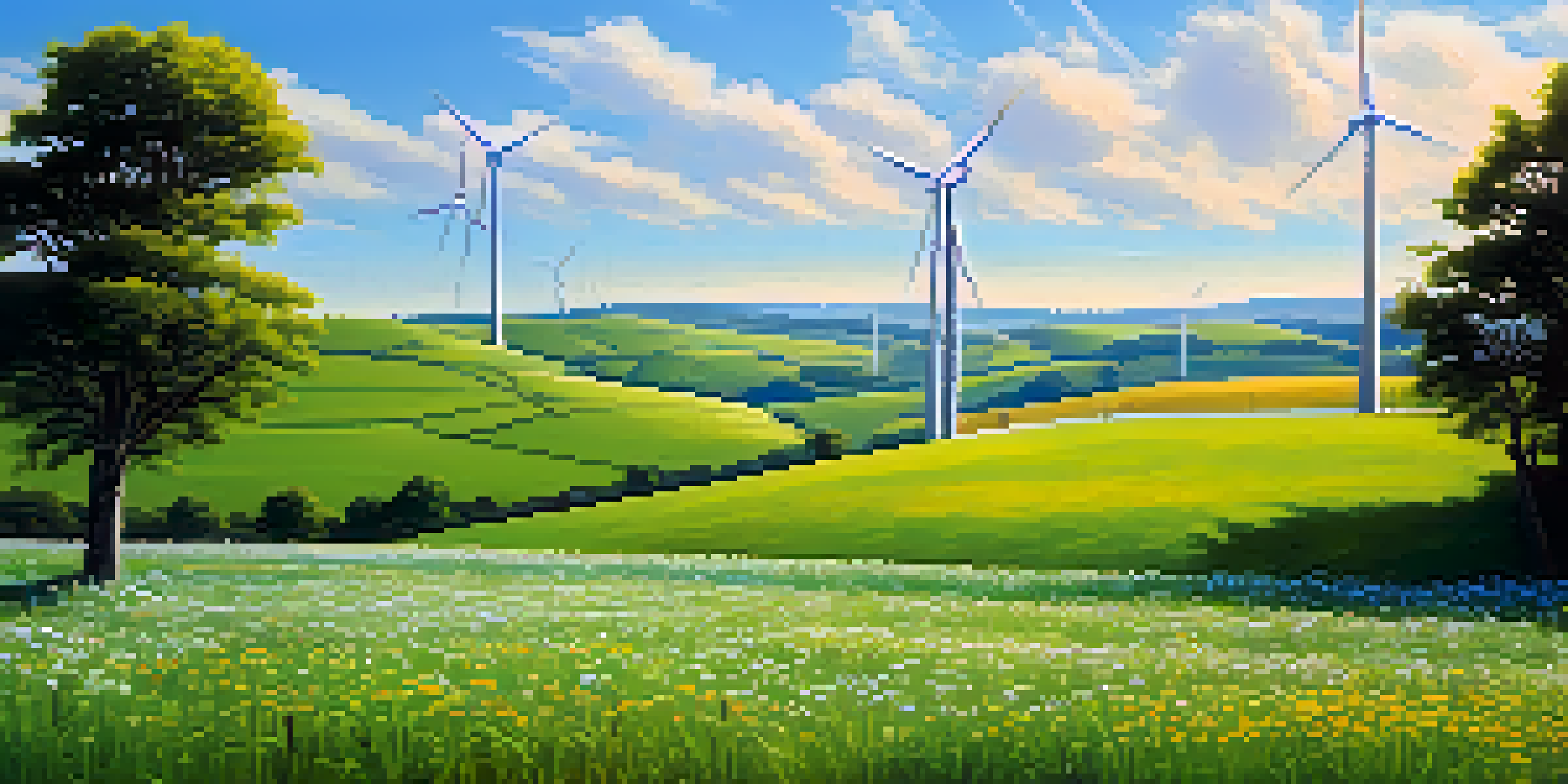 A green field with solar panels and a wind turbine under a blue sky, symbolizing sustainability and renewable energy.