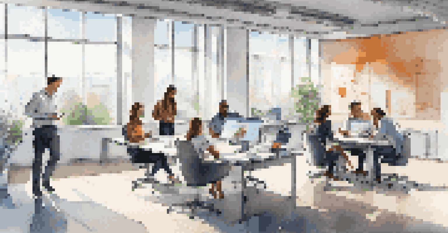 A modern office space with young professionals collaborating, filled with natural light and high-tech gadgets.
