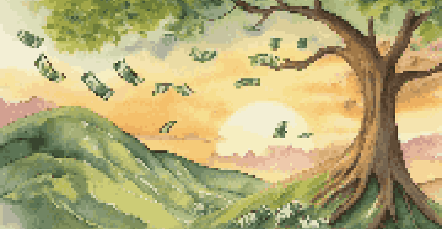 A whimsical tree with dollar bills as leaves, set against a sunset sky, representing financial growth.