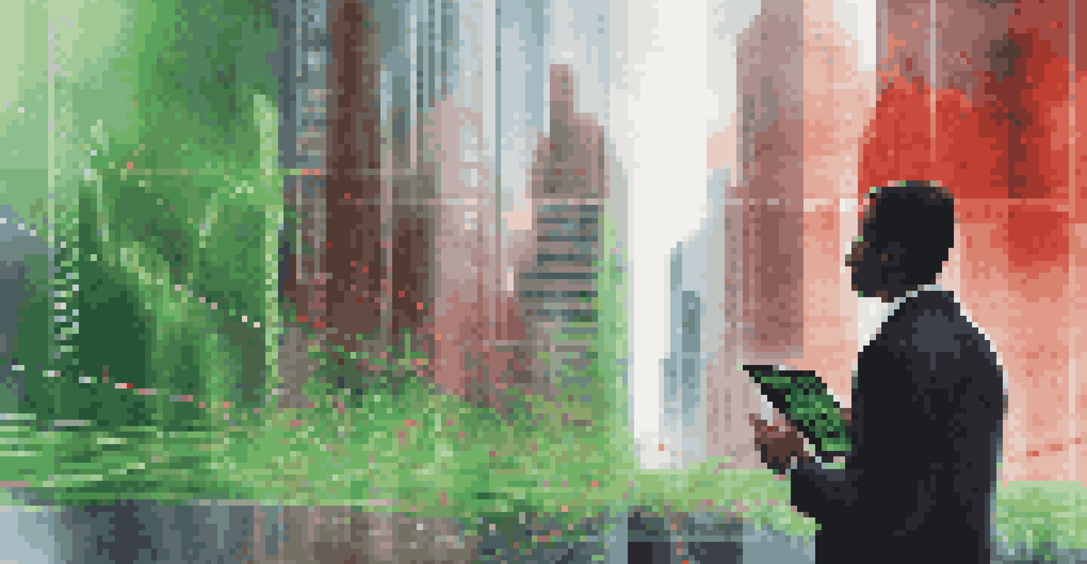 An abstract image of stock market fluctuations with a hand over a tablet in a cityscape background.