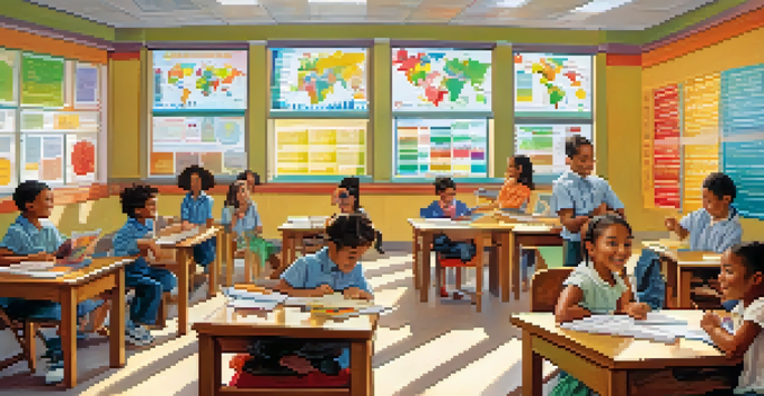 A lively classroom where diverse children are learning about the stock market, surrounded by colorful educational materials and sunlight.