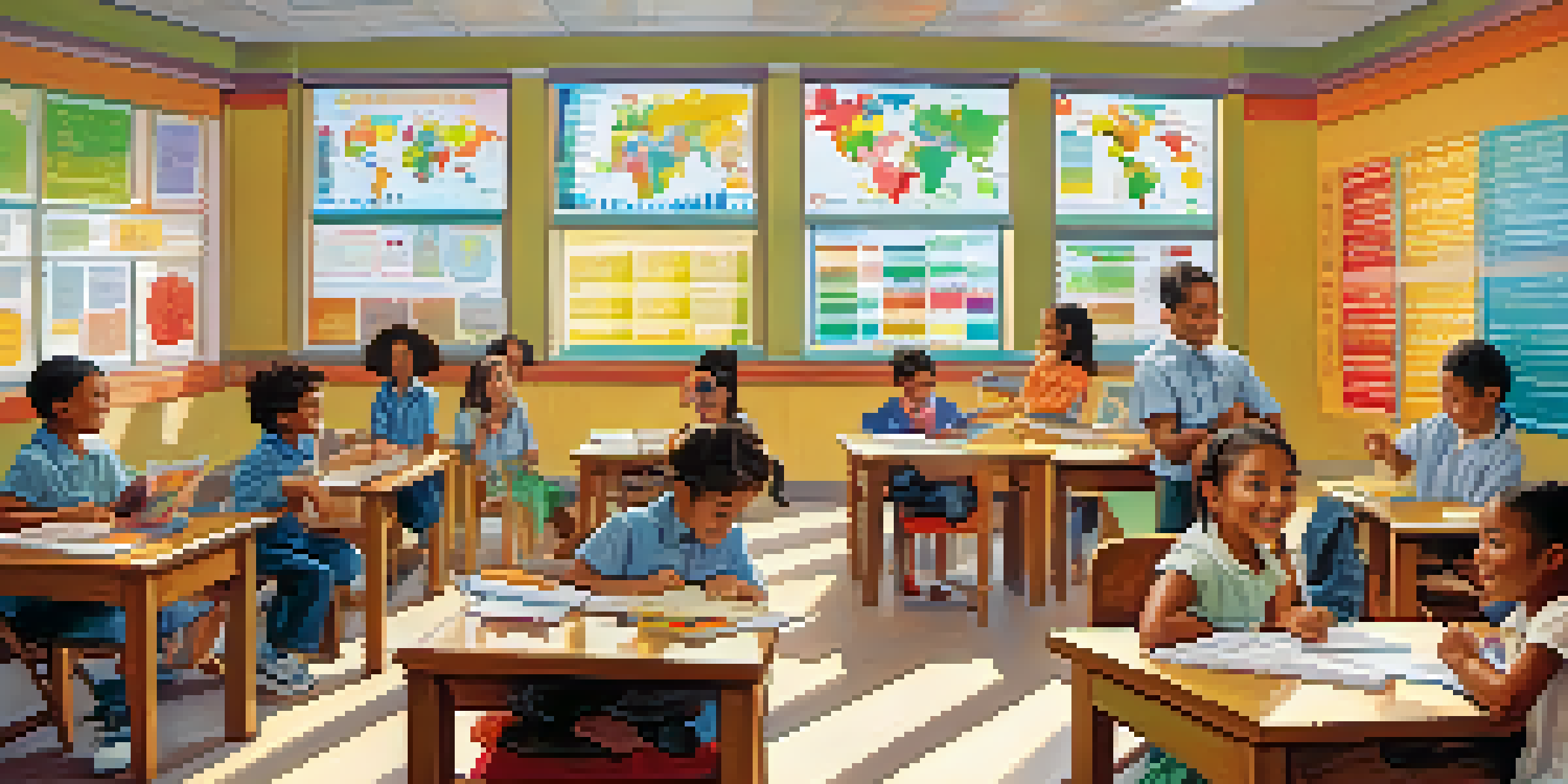 A lively classroom where diverse children are learning about the stock market, surrounded by colorful educational materials and sunlight.