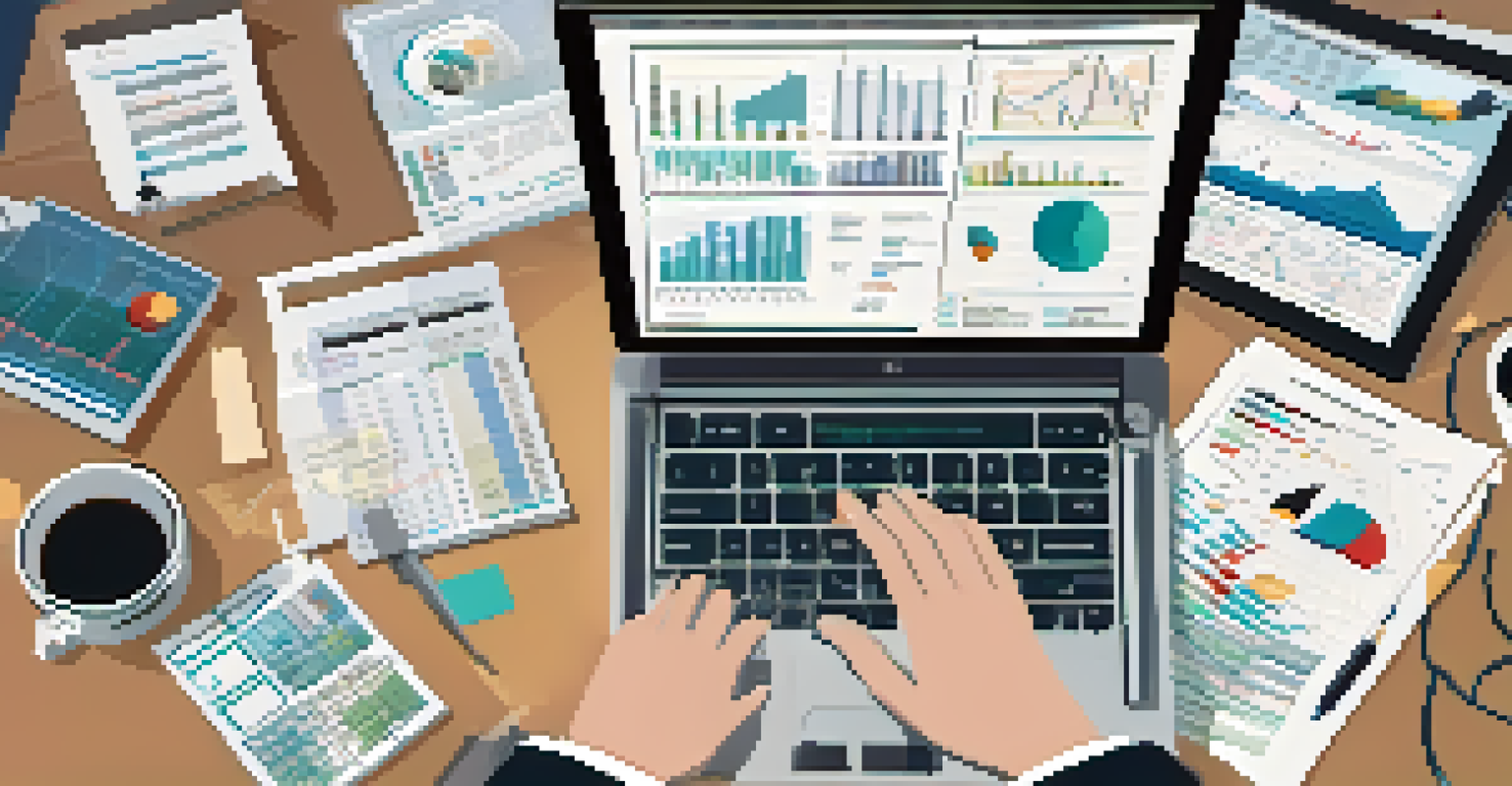 A close-up of hands typing on a laptop with financial documents and charts on the desk.