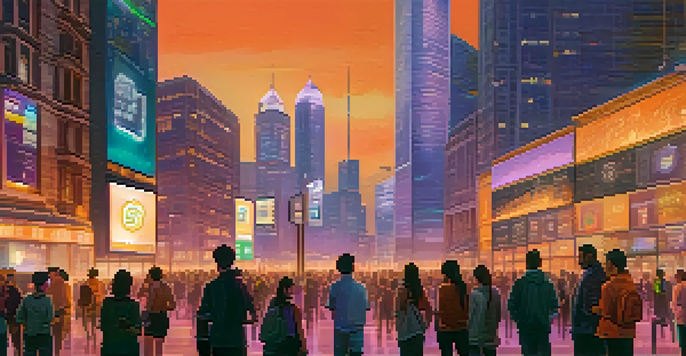 A vibrant city skyline at dusk, mixing traditional banks with digital currency symbols, people using smartphones for transactions.