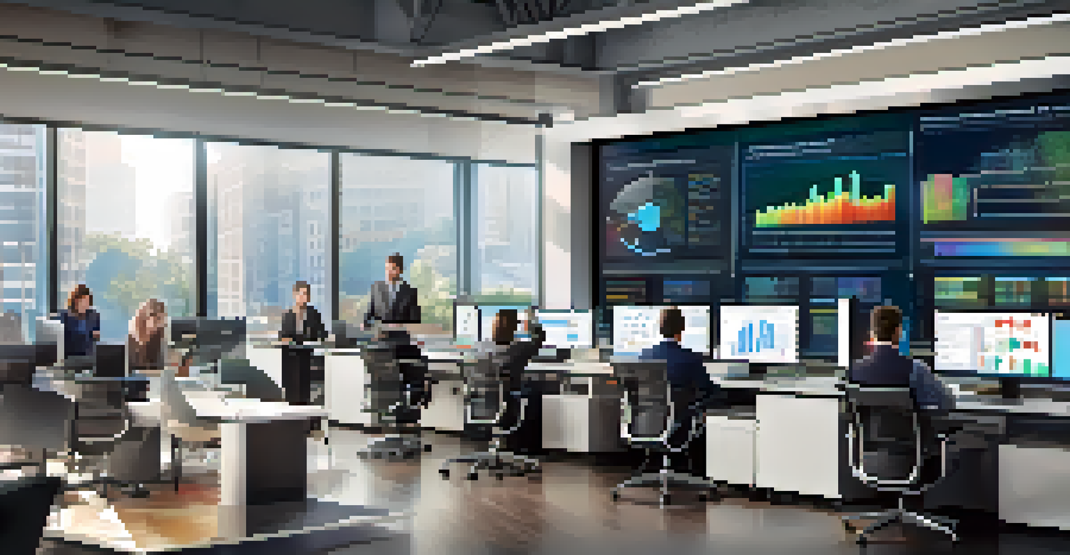 A diverse group of professionals collaborating in a modern office with screens displaying data analytics.