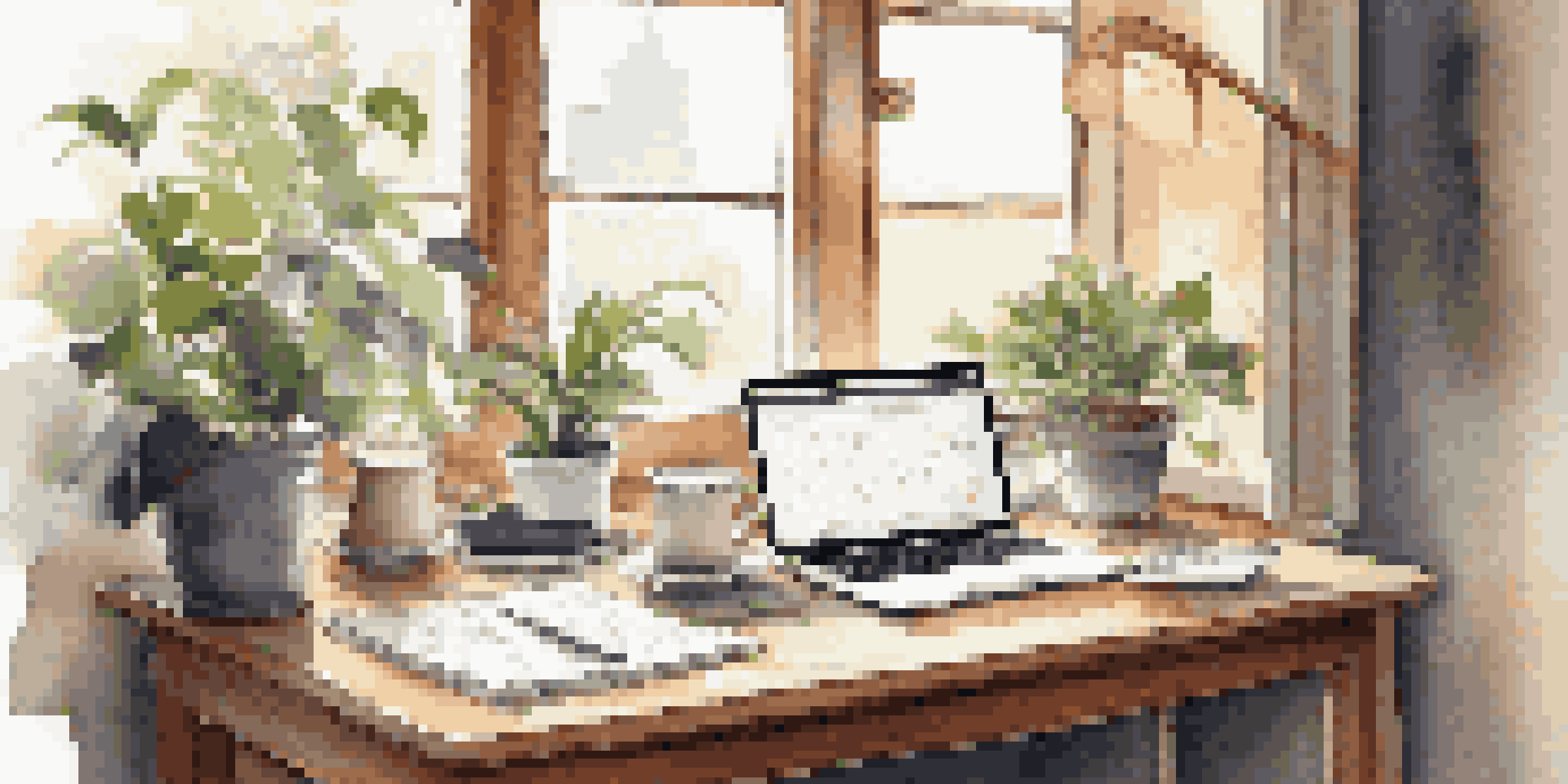 A tranquil workspace featuring a wooden desk with a laptop displaying financial data, a notepad with investment notes, a potted plant, and a cup of coffee, all illuminated by soft morning light.