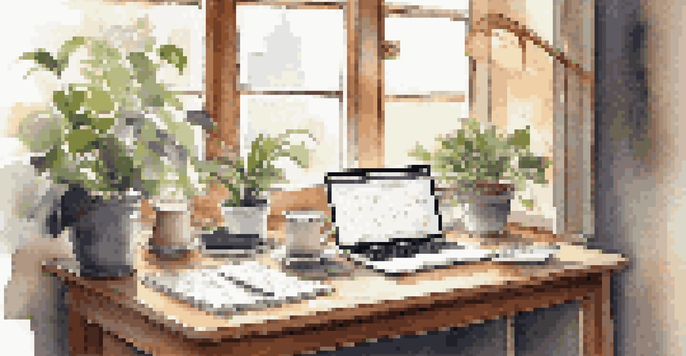 A tranquil workspace featuring a wooden desk with a laptop displaying financial data, a notepad with investment notes, a potted plant, and a cup of coffee, all illuminated by soft morning light.
