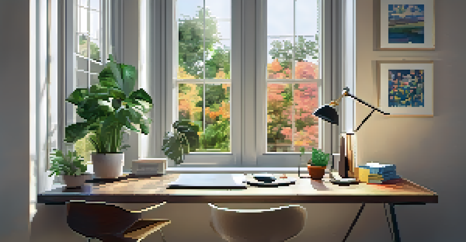 A modern home office interior with a stylish desk, laptop, and large windows filled with natural light.