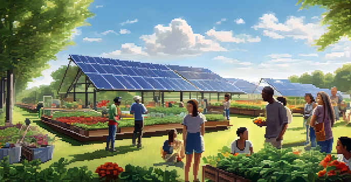 A vibrant green field with solar panels and a diverse group of people planting in a community garden under a clear blue sky.