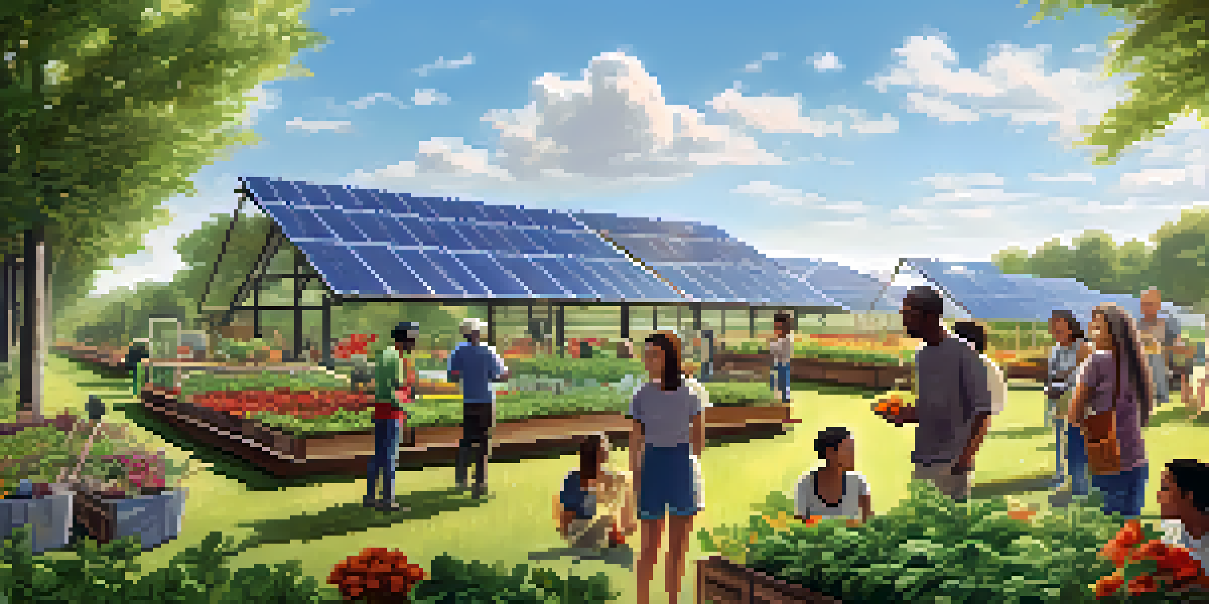 A vibrant green field with solar panels and a diverse group of people planting in a community garden under a clear blue sky.