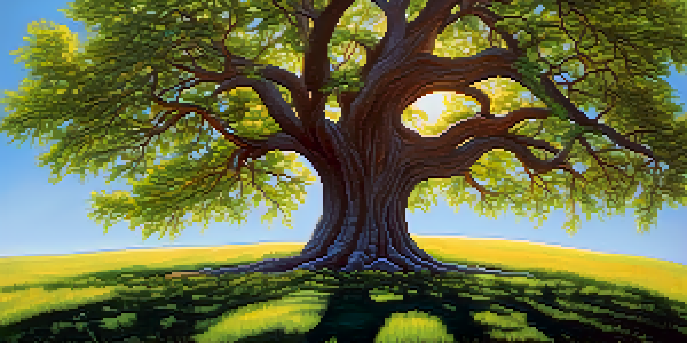 A large flourishing tree in a bright landscape, symbolizing long-term investing, surrounded by green grass and colorful flowers under a blue sky.