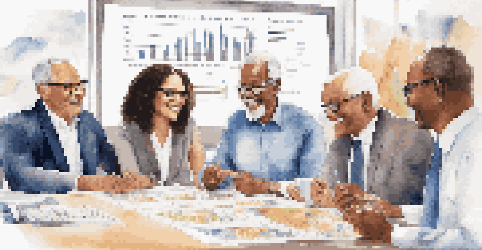 A diverse group of people discussing retirement planning in a modern office setting.