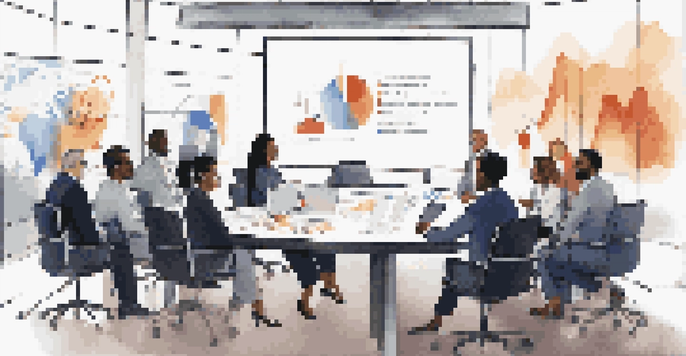A diverse group of business professionals in a modern conference room, discussing investment strategies with charts on a screen.