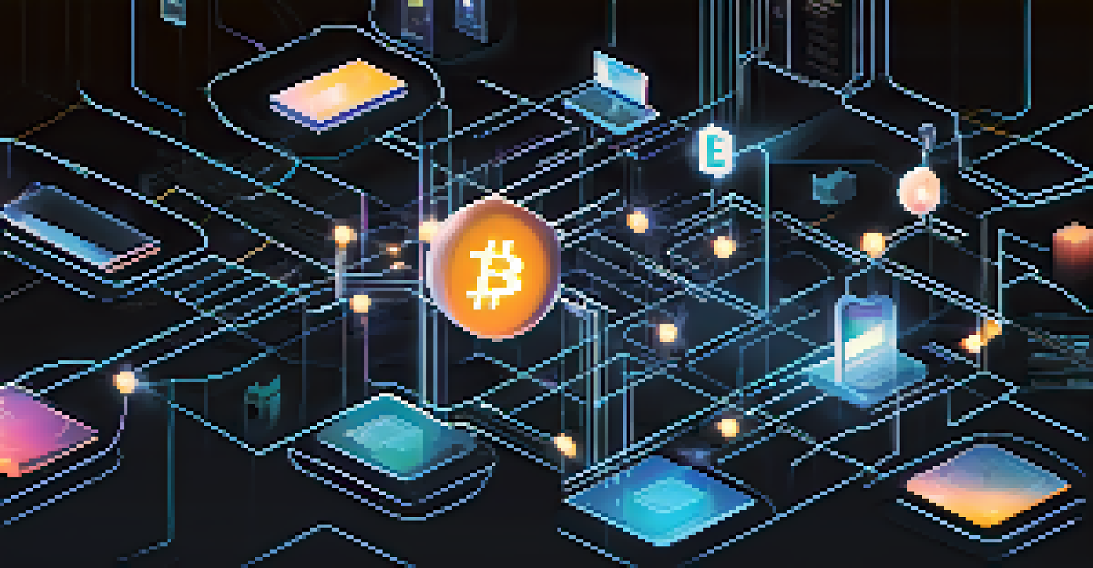 An abstract image showcasing interconnected technology and finance with glowing icons of blockchain and digital payments.