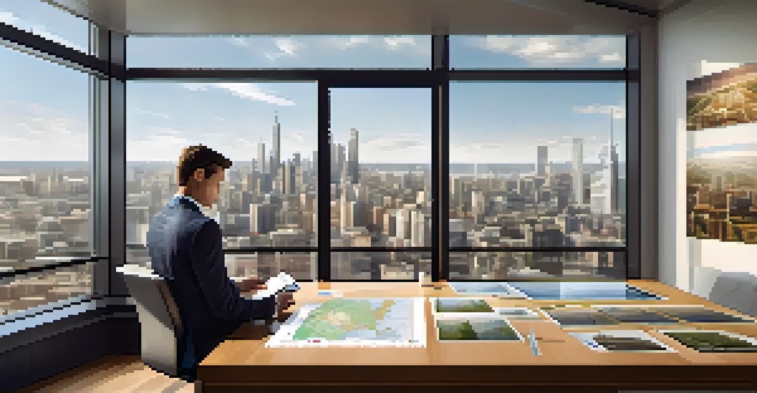 A young investor in a real estate office, reviewing property listings on a tablet with a city skyline view.
