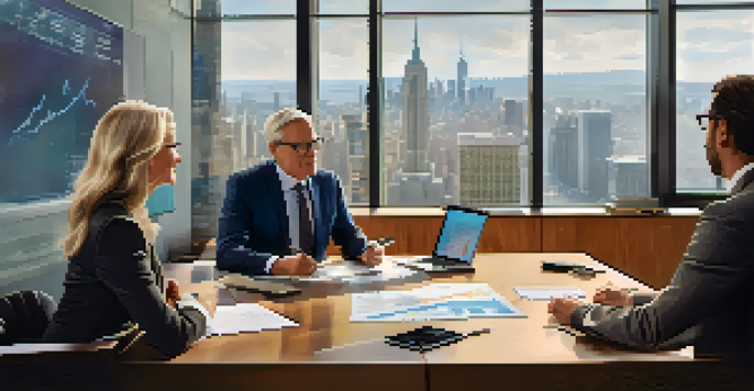 A financial advisor explaining retirement plans to a couple in a bright office with charts on a screen.