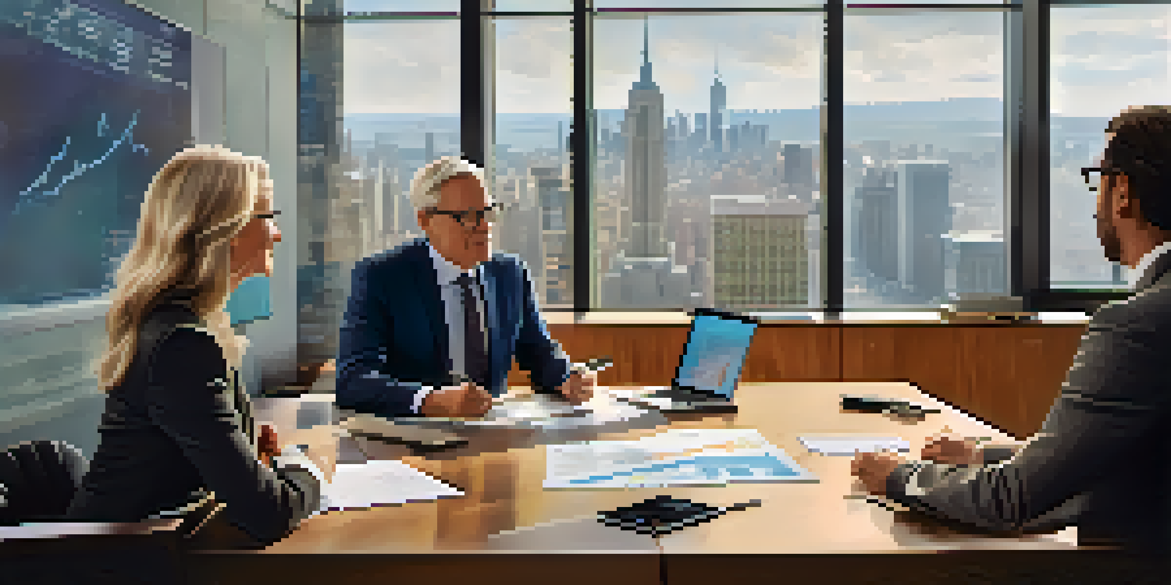 A financial advisor explaining retirement plans to a couple in a bright office with charts on a screen.