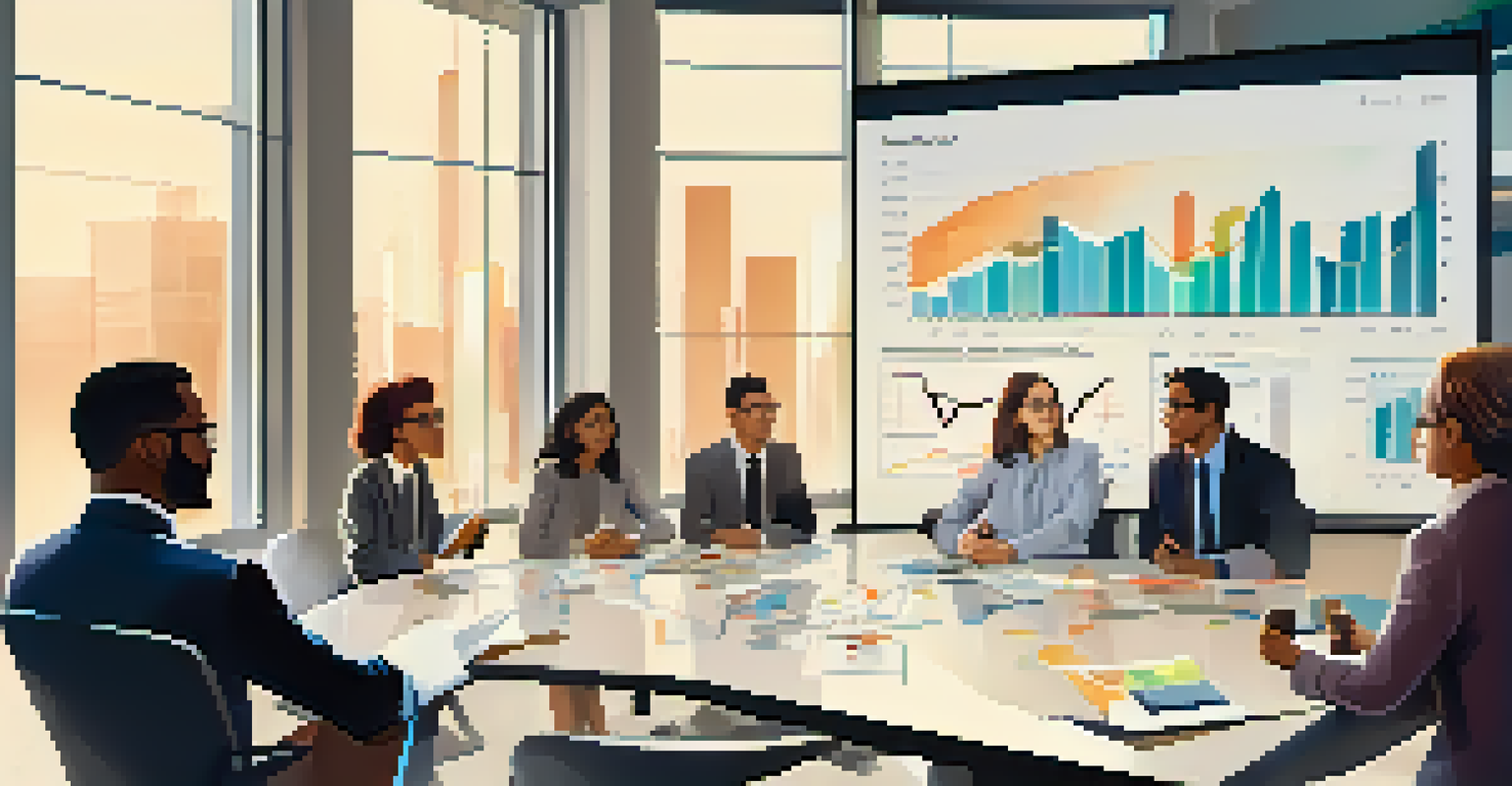 A diverse group of professionals in a modern meeting room discussing financial trends with charts on a screen.