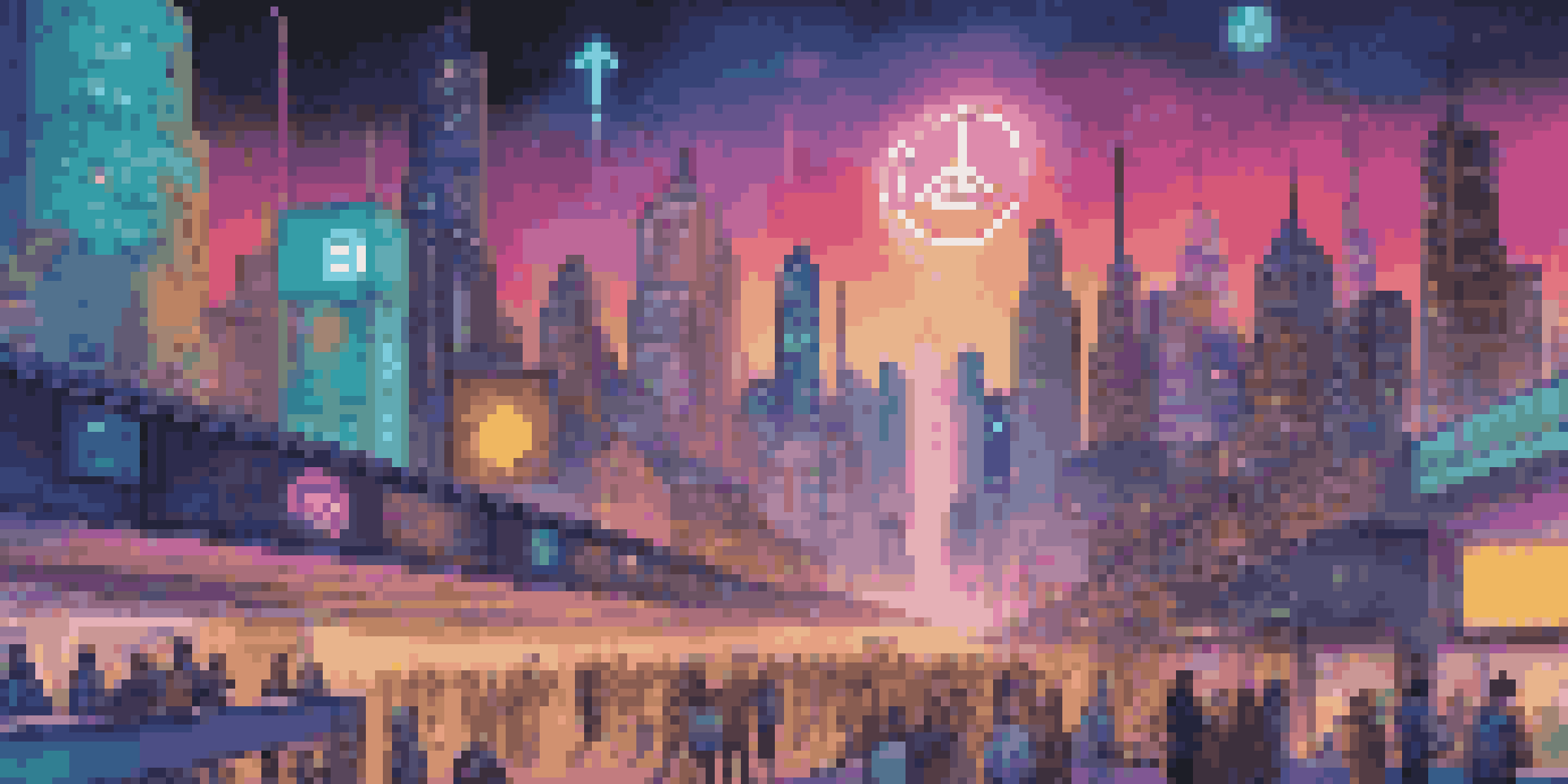 A futuristic city with cryptocurrency symbols and diverse people using digital devices.