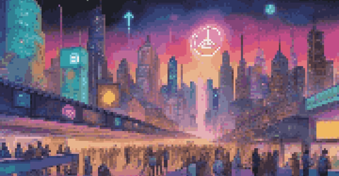 A futuristic city with cryptocurrency symbols and diverse people using digital devices.